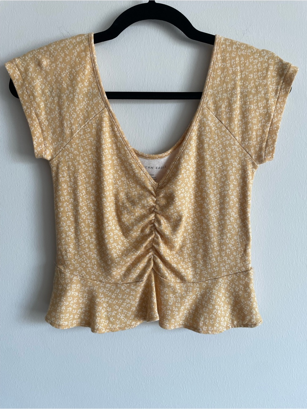 American Eagle top yellow ditsy floral peplum v neck ruched front summer S